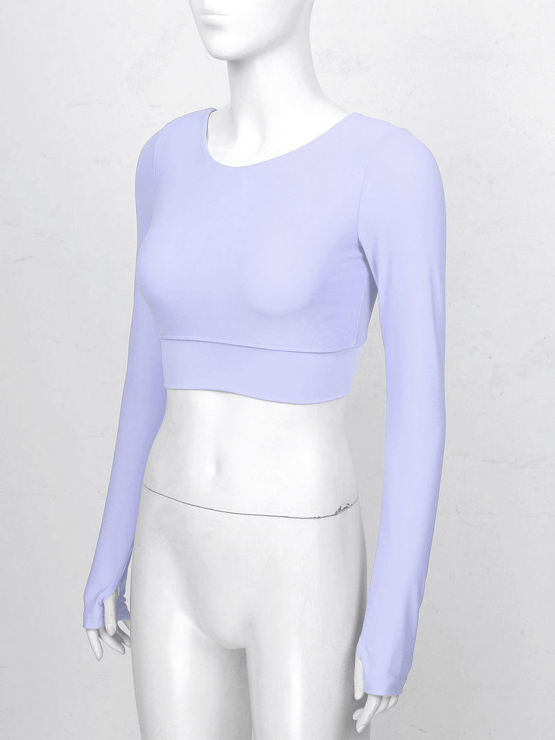Lavender Sports Seamless Cropped Top with Long Sleeves and Back Cross Strappy, ideal for active lifestyles.